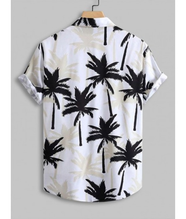 Men's Aloha Hawaiian Coconut Trees Printed Short Sleeves Button Front Vacation Shirt And Solid Color Basic Casual Bermuda Shorts Set