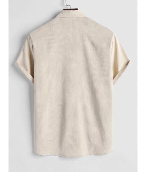 Front Pocket Design Solid Color Corduroy Short Sleeves Shirt And Plain Corduroy Textured Shorts Set