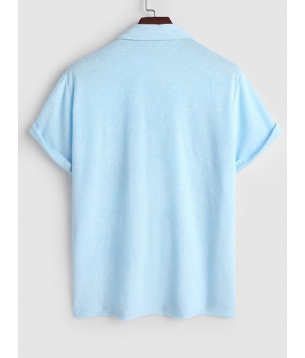 Men's Solid Color Lapel Collar Terry Cloth Button Front Short Sleeves Shirt And Terry Cloth Drawstring Casual Shorts Set