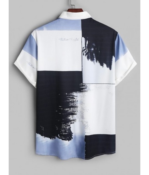 Men's Casual Colorblock Painting Print Button Up Short Sleeves Summer Vacation Shirt And Beach Drawstring Pockets Board Shorts Set