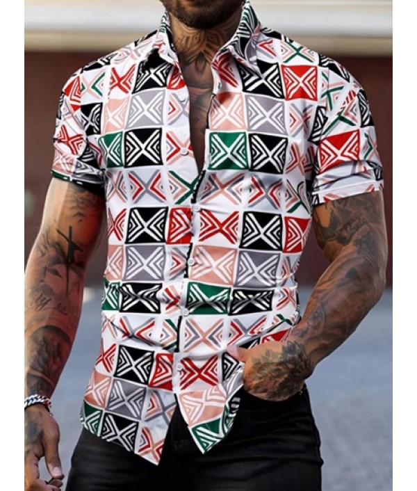Men's Geometric Print Colorblock Casual Beach Vacation Short Sleeves Shirt And Basic Shorts Set Men's Geometric Print Colorblock Casual Beach Vacation Short Sleeves Shirt And Basic Shorts Set