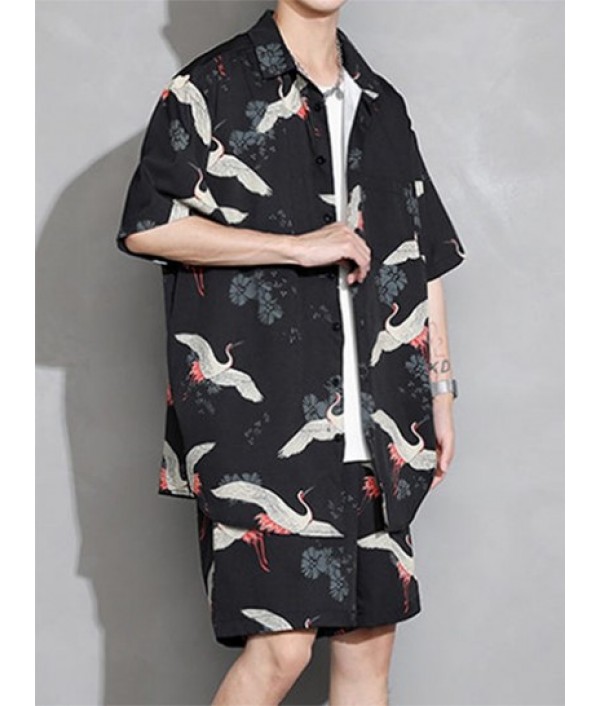 Men's Beach Vacation Matching Co Ord Chinese Style Crane Floral Print Short Sleeve Button Up Shirt And Drawstring Pockets Shorts Two Piece Set Men's Beach Vacation Matching Co Ord Chinese Style Crane Floral Print Short Sleeve Button Up Shirt And Drawstring Pockets Shorts Two Piece Set