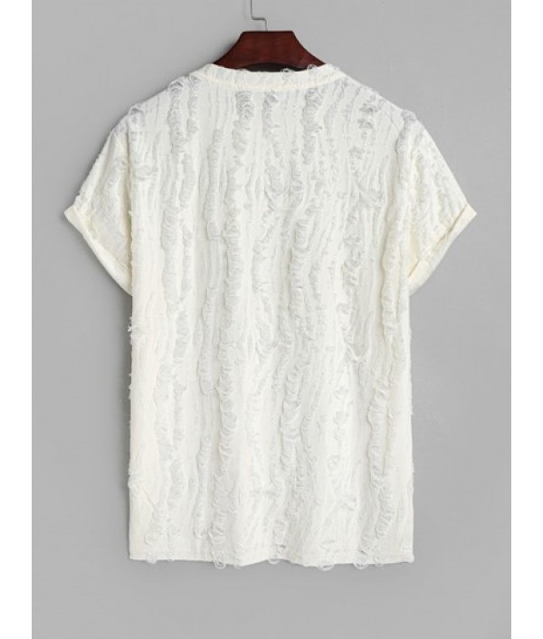 Men's Casual Party Short Sleeves See Through Distressed Textured Summer T Shirt And Basic Cotton And Linen Drawstring Shorts Set