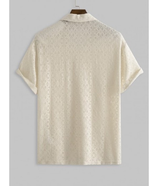 Men's Sexy Floral Jacquard See-through Lace Sheer Openwork Short Sleeves Shirt And Plaid Pattern Zip Fly Casual Pants Set