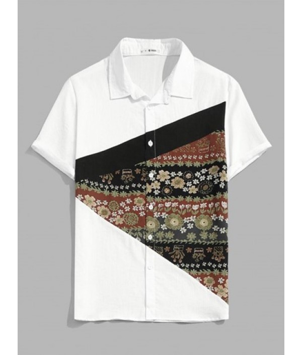 Floral Shirt And Drawstring Pockets Shorts Set