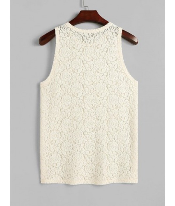 Men's Two Piece See Through Sheer Rose Lace Club Party Tank Top Sleeveless T Shirt And Geometric Retro Jacquard Drawstring Shorts Set Men's Two Piece See Through Sheer Rose Lace Club Party Tank Top Sleeveless T Shirt And Geometric Retro Jacquard Drawstring Shorts Set