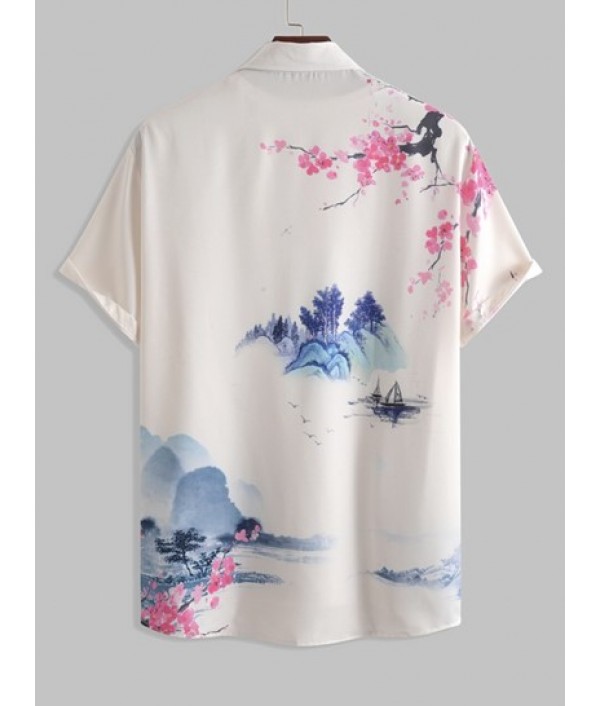 Landscape Painting Oriental Short Sleeves Shirt With Basic Casual Shorts Set