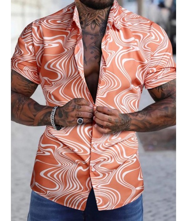 Men's Casual Water Wave Pattern Short Sleeves Button Front Vacation Beach Shirt And Basic Shorts Set