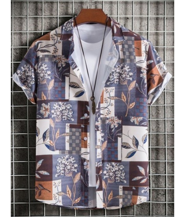 Men's Leaves Floral Plaid Printed Button Front Short Sleeves Vacation Shirt And Basic Casual Shorts Set Men's Leaves Floral Plaid Printed Button Front Short Sleeves Vacation Shirt And Basic Casual Shorts Set