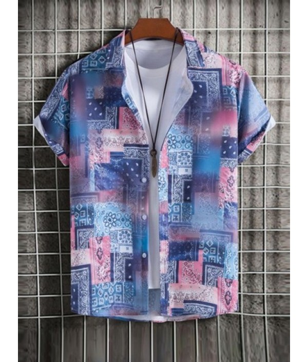 Men's Ethnic Style Paisley Pattern Short Sleeves Button Front Shirt And Basic Casual Shorts Set