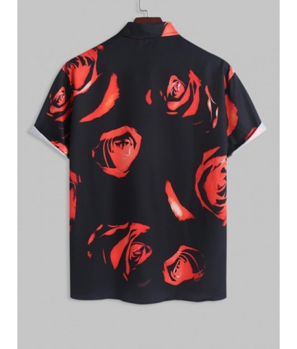 Men's Casual Summer Vacation Floral Rose Print Button Up Short Sleeves Shirt And Basic Casual Shorts Set
