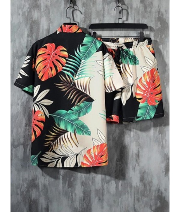 Men's Tropical Palm Leaves Printed Short Sleeves Button Front And Drawstring Shorts Vacation Set