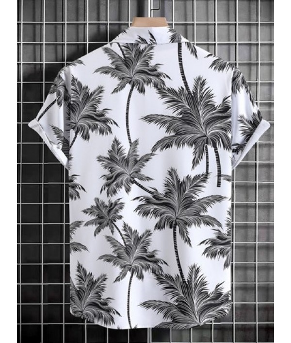 Coconut Tree Print Short Sleeve Hawaiian Shirt And Multi-pockets Cargo Ninth Pants Set Coconut Tree Print Short Sleeve Hawaiian Shirt And Multi-pockets Cargo Ninth Pants Set
