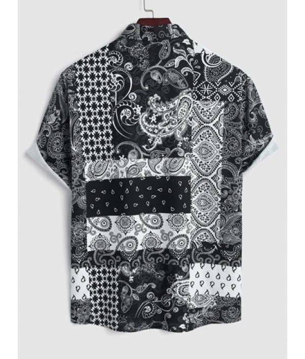 Men's Beach Vacation Ethnic Paisley Floral Patchwork Print Button Up Short Sleeve Shirt And Drawstring Pocket Bermuda Shorts Set Men's Beach Vacation Ethnic Paisley Floral Patchwork Print Button Up Short Sleeve Shirt And Drawstring Pocket Bermuda Shorts Set