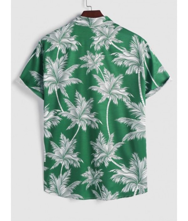 Coconut Tree Print Short Sleeve Hawaiian Shirt With Drawstring Hem Cargo Pants Set Coconut Tree Print Short Sleeve Hawaiian Shirt With Drawstring Hem Cargo Pants Set