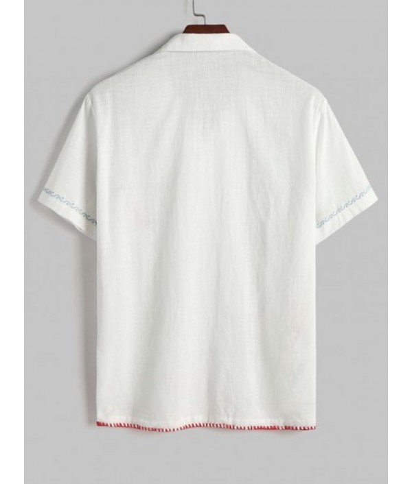 Fish Crab Marine Life Embroidery Short Sleeves Shirt With Shorts Beach Vacation Two Piece Set