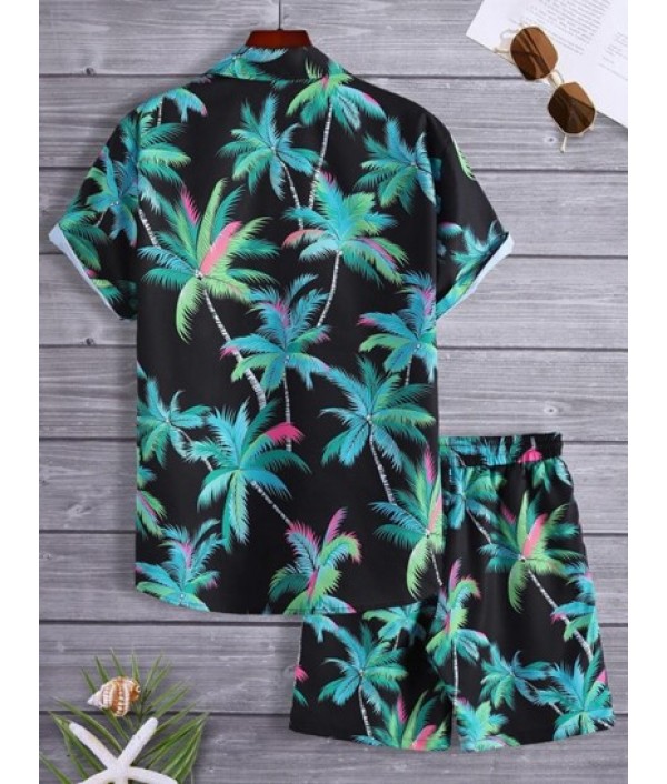 Men's Beach Vacation Hawaii Two Piece Set Allover Coconut Tree Print Button Up Shirt With Drawstring Bermuda Shorts Set