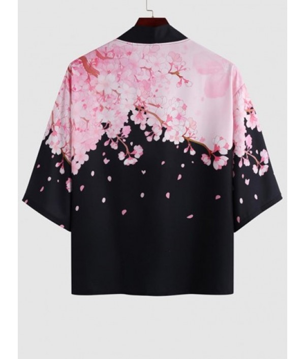 Sakura Pattern Open Front Kimono And Floral Print Pocket Beach Shorts Set Sakura Pattern Open Front Kimono And Floral Print Pocket Beach Shorts Set