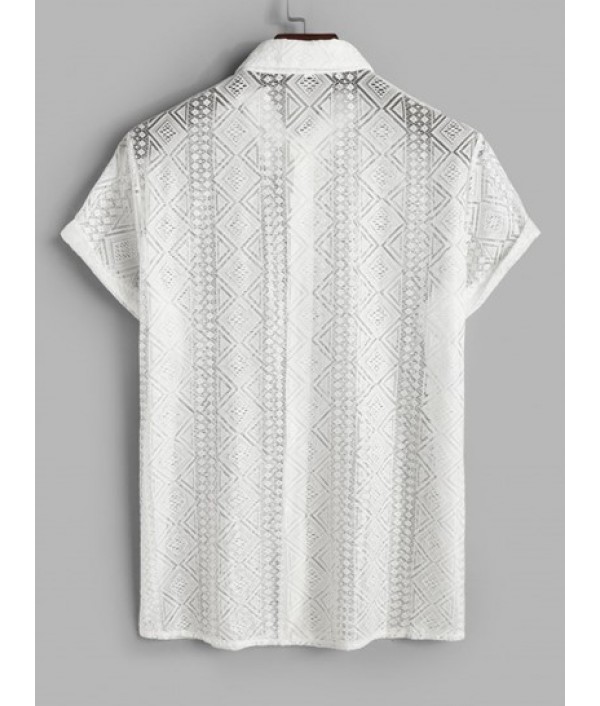 Geometric Pattern Sheer Openwork Shorts And Shirt Two Piece Set