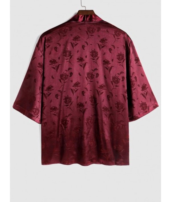 Men's Two Piece Outfits Silky Satin Rose Printed Open Front Kimono Shirt And Casual Shorts Set Men's Two Piece Outfits Silky Satin Rose Printed Open Front Kimono Shirt And Casual Shorts Set