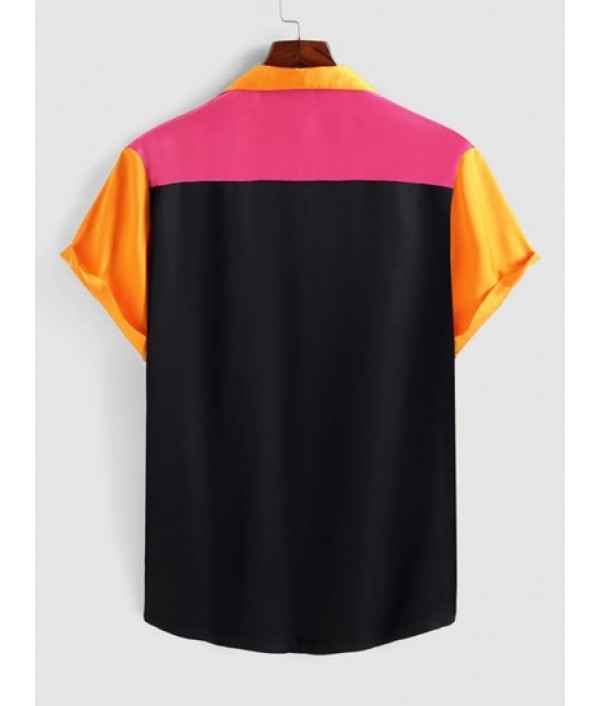 Colorblock Satin Pocket Shirt And Flap Pocket Drawstring Cargo Pants Set