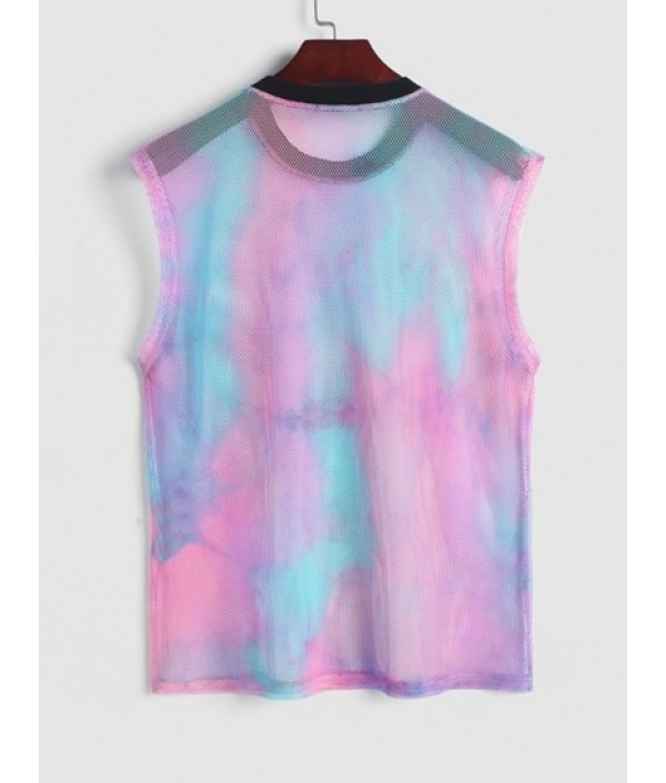 Men's See-through Loose Tie Dye Sheer Mesh Sleeveless Tank Top And Letter Pattern Multi-pockets Design Drawstring Cargo Shorts Set