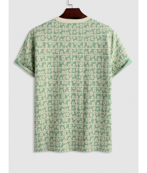 Men's Casual Athleisure Floral Checks Jacquard Textured Crew Neck Short Sleeves T Shirt Drawstring Shorts Two Piece Set Men's Casual Athleisure Floral Checks Jacquard Textured Crew Neck Short Sleeves T Shirt Drawstring Shorts Two Piece Set