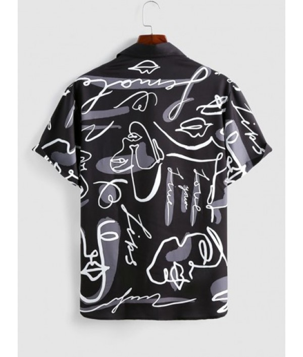 Men's Casual Graffiti Floral Rose Printed Two Tone Colorblock Button Front Short Sleeve Summer Graphic Shirt And Two Tone Colorblock Multi-pockets Design Cargo Pants Set