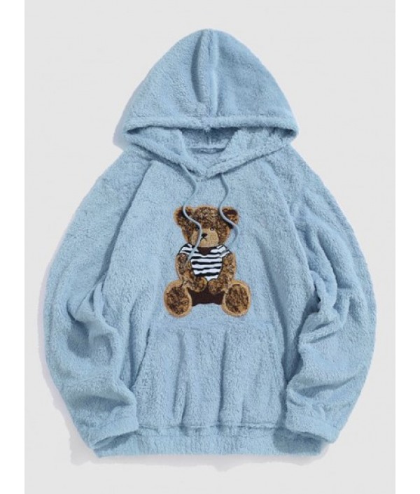 Bear Pattern Pullover Fluffy Teddy Hoodie And Beam Feet Pants Faux Fur Set