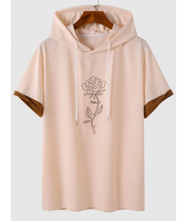 Color Spliced Rose Printed Hooded T-shirt And Japanese Printed Drawstring Shorts Set