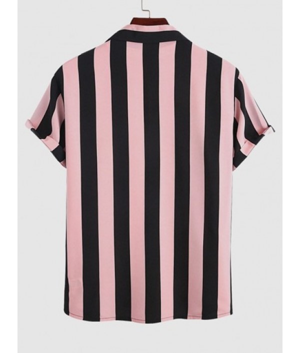 Men's Lapel Collar Short Sleeves Vertical Striped Colorblock Shirt With Basic Drawstring Shorts Set