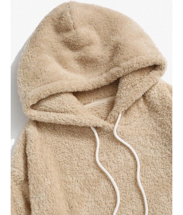 Solid Front Pocket Fluffy Fleece Hoodie And Pants Two Piece Set