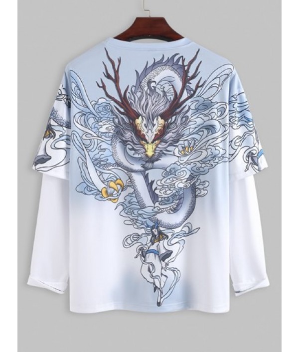 Men's Chinese Style Dragon Print Oriental Doctor Sleeve T Shirt And Drawstring Pocket Jogger Pants Set