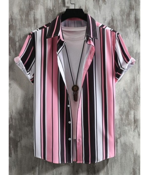 Vertical Stripes Short Sleeve Button Up Shirt And Basic Casual Shorts Set