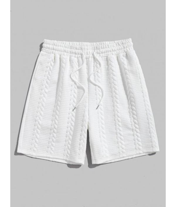 Men's Patched Design Bubble Twisted Striped Jacquard Crew Neck Short Sleeves T-shirt And Drawstring Sports Casual Shorts Set