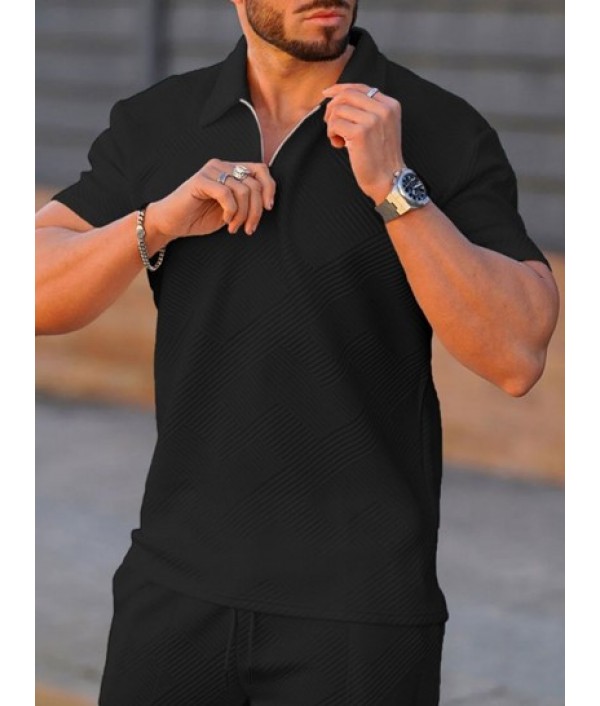 Geometric Jacquard Textured Polo Collar T-shirt And Shorts Sports Set Geometric Jacquard Textured Polo Collar T-shirt And Shorts Sports Set