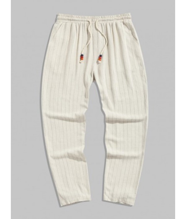Men's Casual Plain Color Front Pocket Notch Neck Short Sleeves Pullover Shirt And Beading Drawstring Vertical Striped Vacation Ramie Pants Set