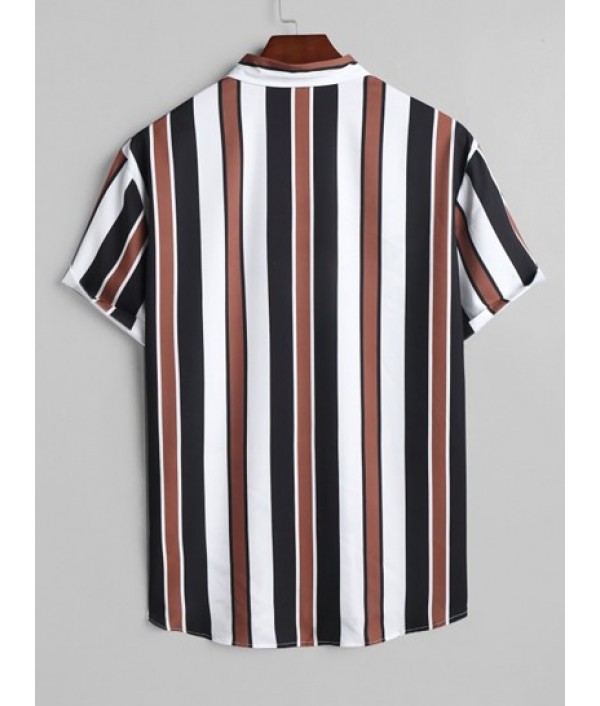 Men's Daily Casual Mix And Match Two Piece Set Vertical Stripes Button Up Short Sleeve Shirt With Drawstring Bermuda Shorts Set