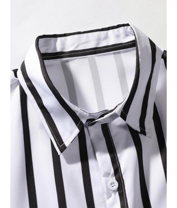 Striped Short Sleeves Shirt And Drawstring Shorts Set Striped Short Sleeves Shirt And Drawstring Shorts Set