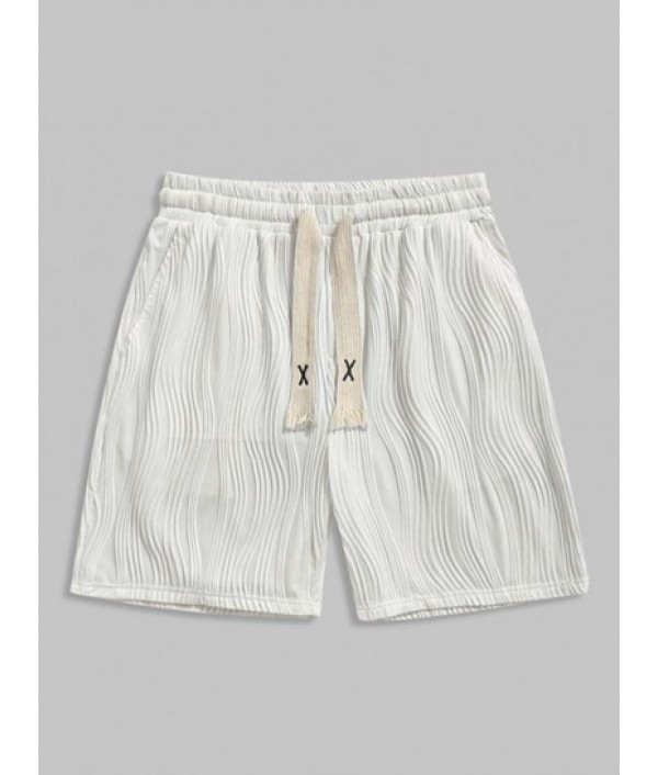 Men's Wave Jacquard Textured Fluffy Letter Applique Short Sleeves T Shirt And Knitted Sports Casual Drawstring Shorts Set Men's Wave Jacquard Textured Fluffy Letter Applique Short Sleeves T Shirt And Knitted Sports Casual Drawstring Shorts Set