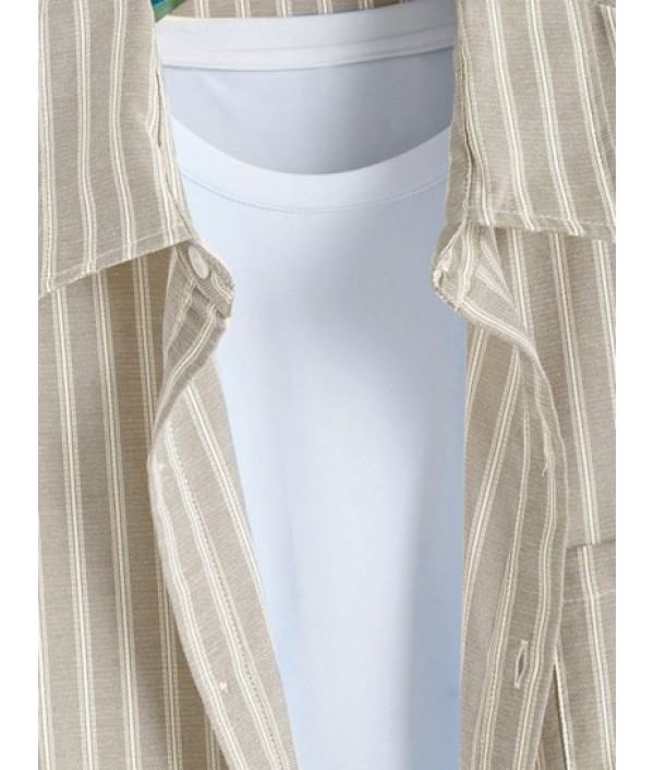 Striped Pattern Short Sleeves Casual Shirt And Drawstring Shorts Set