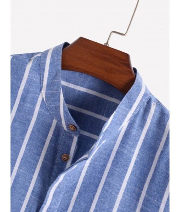 Men's Half Buttoned Casual Vertical Striped Office Pullover Shirt And Basic Casual Shorts Set