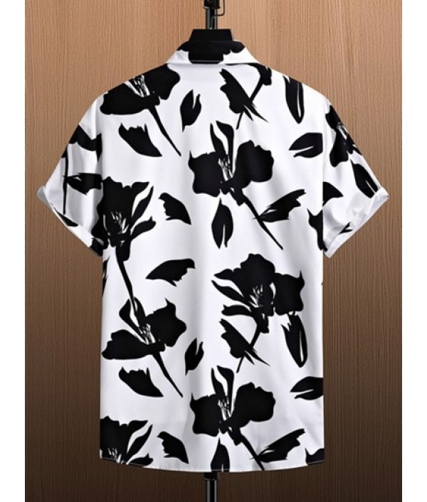 Men's Summer Beach Monochrome Floral Print Button Up Short Sleeve Shirt And Solid Color Basic Casual Bermuda Shorts Vacation Set