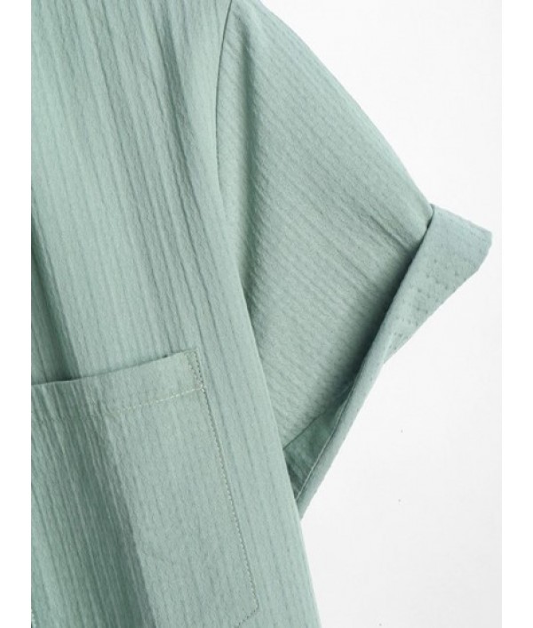 Men's Plain Color Jacquard Weave Cotton And Linen Textured Front Pocket Short Sleeves Shirt And Drawstring Pants Set