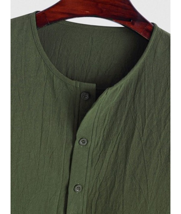 Men's Cotton And Linen Textured Half Button Short Sleeves Pullover Shirt And Multi-pockets Design Drawstring Casual Shorts Set