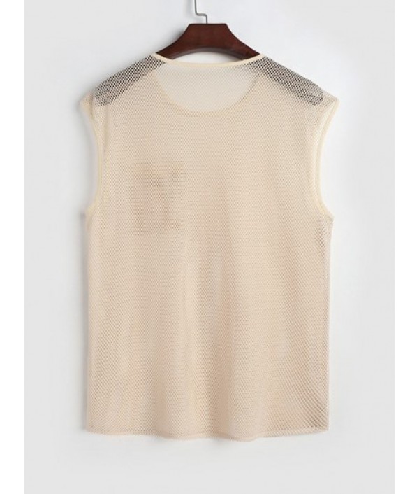 Sexy Sheer Openwork Mesh Two Piece Set Flap Pocket Tank Top With Lined Drawstring Shorts