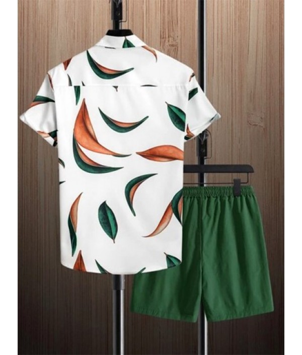Men's Leaves Pattern Button Front Short Sleeves Shirt And Solid Color Drawstring Bermuda Shorts Vacation Beach Set