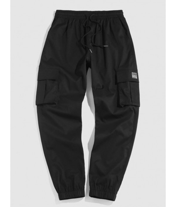 Men's Plain Color Tartan Jacquard Weave Textured Polo Collar Short Sleeves T-shirt And Solid Color Pockets Beam Feet Drawstring Streetwear Cargo Pants