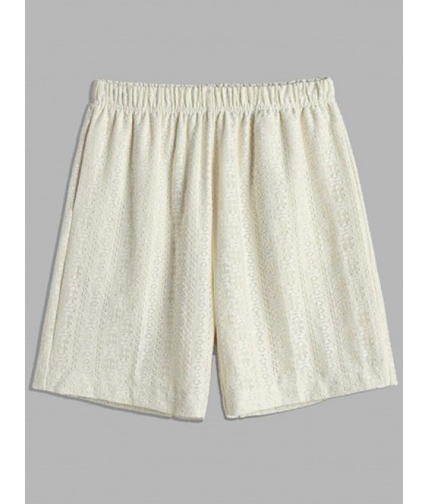 Men's Sexy Lace Co Ord Two Piece Set Stand Collar Sheer Short Sleeves Party Shirt With Openwork Shorts Set