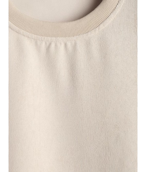 Men's Solid Color Ribbed Corduroy Short Sleeves Crew Neck T-shirt And Drawstring Pocket Plain Textured Shorts Set